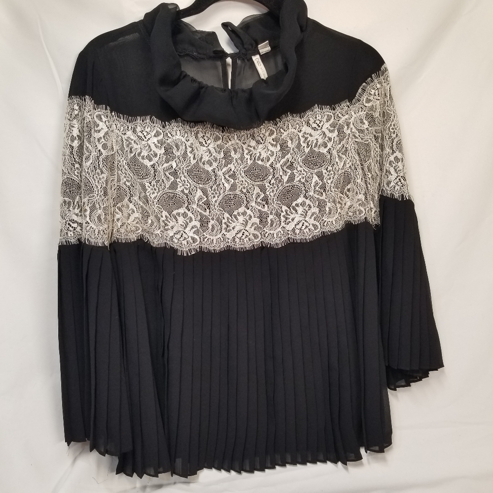Cato Black Pleated Bell Sleeve Sheer Chiffon Top with Ivory Lace Size L